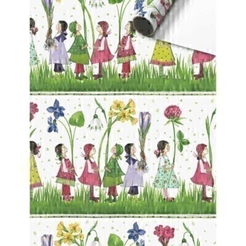 Children and Flowers Tadita Green Gift Wrap By Stewo